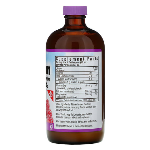 Bluebonnet Nutrition, Calcio líquido, Citrato de magnesio más vitamina D3, Sabor natural a frambuesa, 16 fl oz (472 ml)