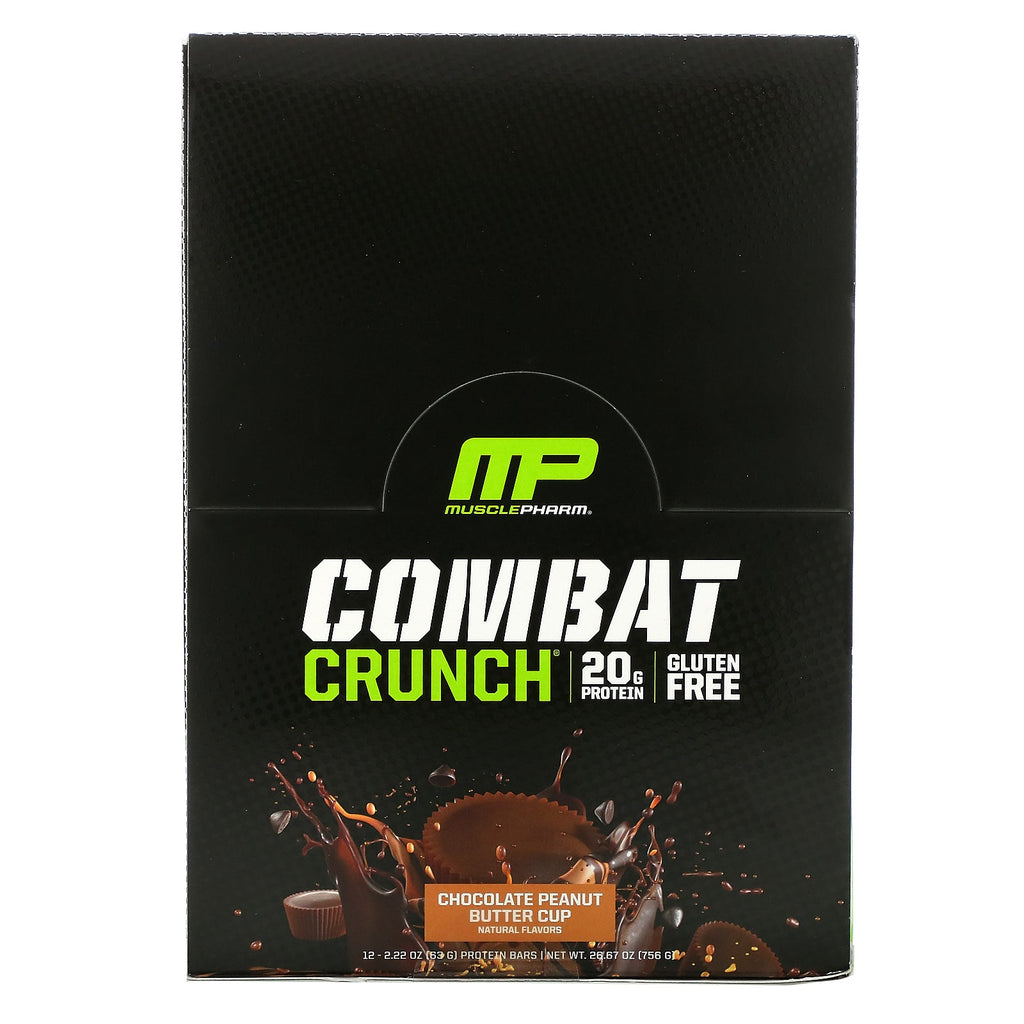 MusclePharm, Combat Crunch Proteinbarer, Chokolade Peanut Butter Cup, 12 barer, 2,22 oz (63 g) hver