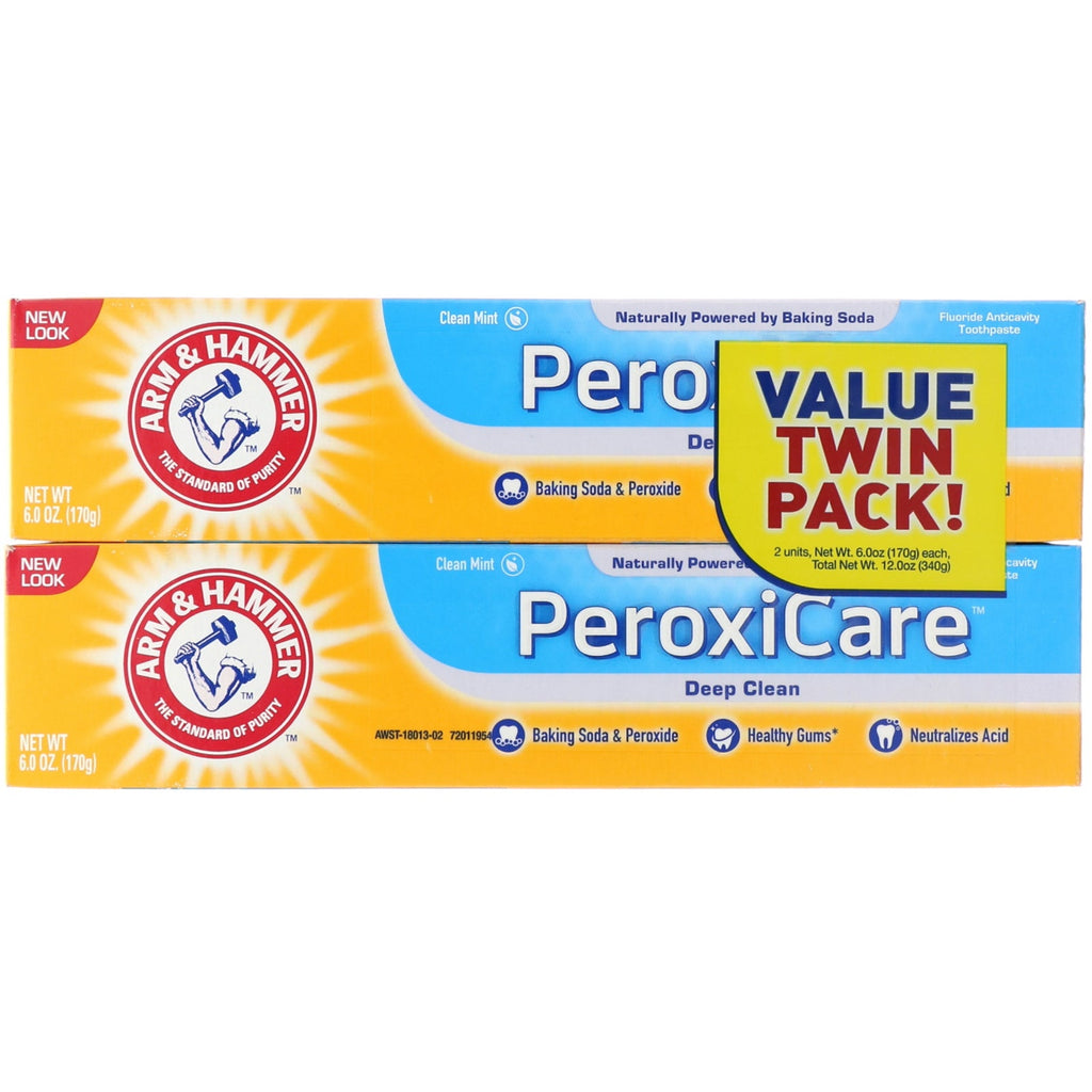 Arm &amp; Hammer, PeroxiCare, Deep Clean, Fluoride Antikavitet Tandpasta, Clean Mint, Twin Pack, 6,0 oz (170 g) hver