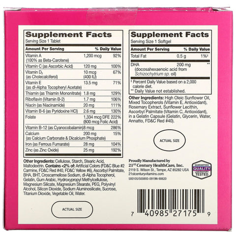 21st Century, prænatal multivitamin/mineral + DHA, 2 flasker, 60 tabletter / 60 softgels