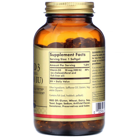 Solgar, vitamina D3, 10 mcg (400 UI), 250 cápsulas blandas