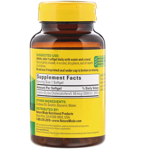 Naturfremstillet, vitamin D3, 50 mcg, 250 softgels