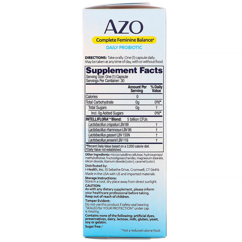 Azo, equilibrio femenino completo, probiótico diario, 30 cápsulas una vez al día