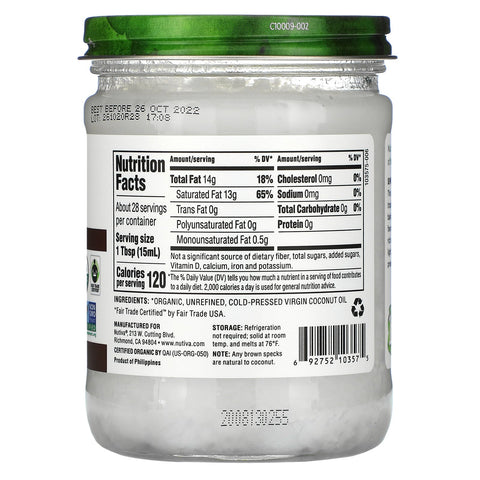 Nutiva, kokosolie, jomfru, 14 fl oz (414 ml)