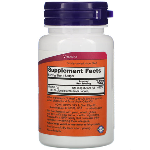 Now Foods, højpotens vitamin D-3, 125 mcg (5.000 IE), 120 softgels