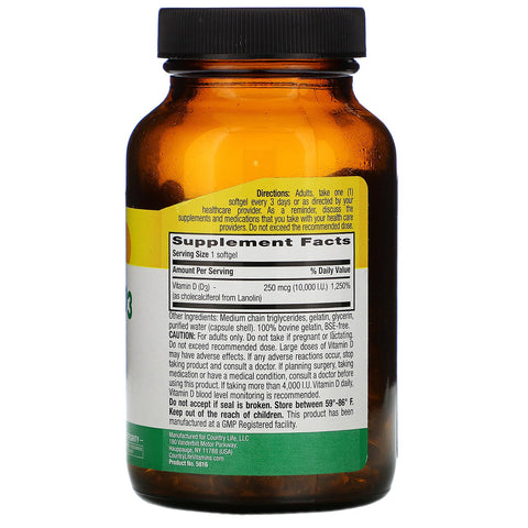 Country Life, High Potency Vitamin D3, 250 mcg (10,000 IU), 200 Softgels