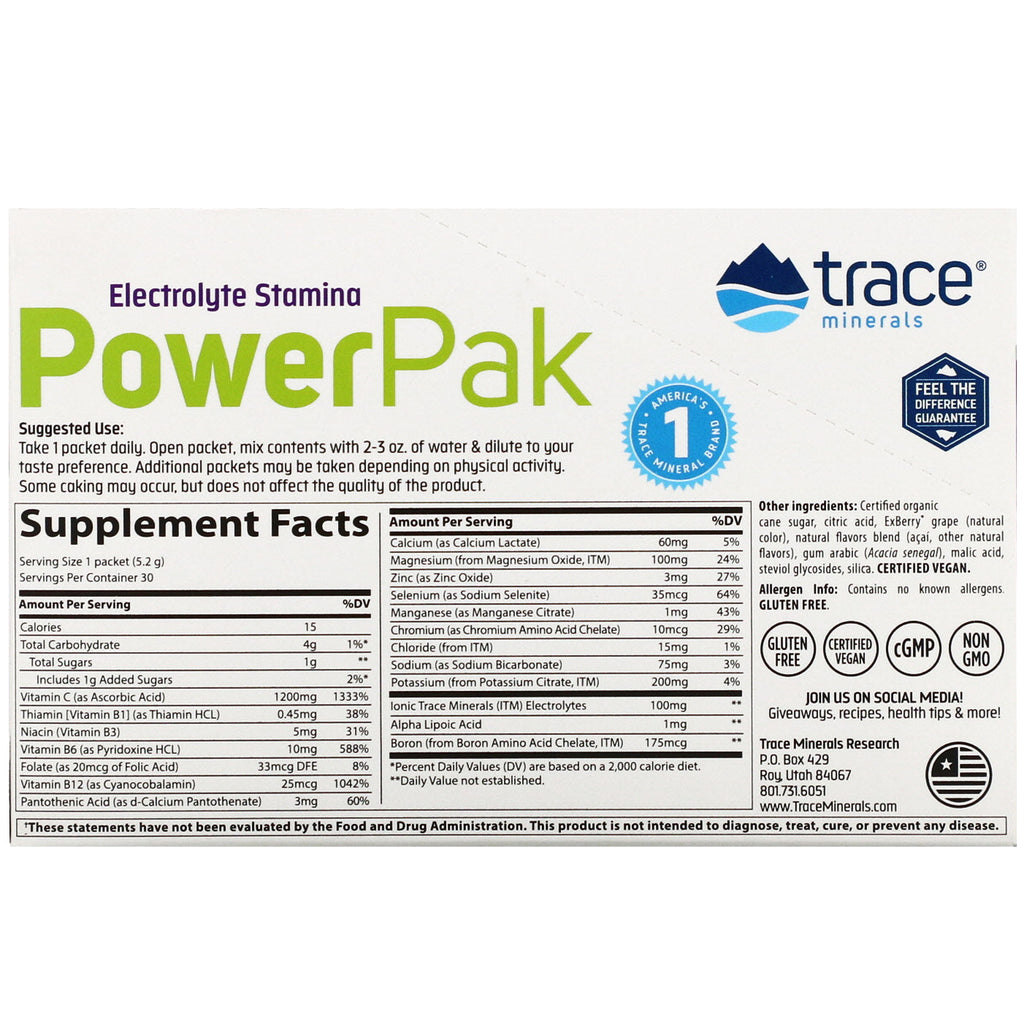 Spormineralforskning, Electrolyte Stamina PowerPak, Acai Berry, 30 pakker, 0,18 oz (5,2 g) hver