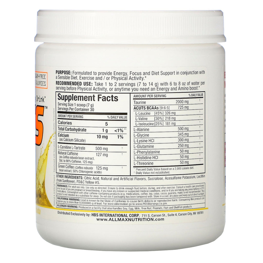 ALLMAX Nutrition, ACUTS, bebida energética cargada de aminoácidos, piña colada, 7,4 oz (210 g)