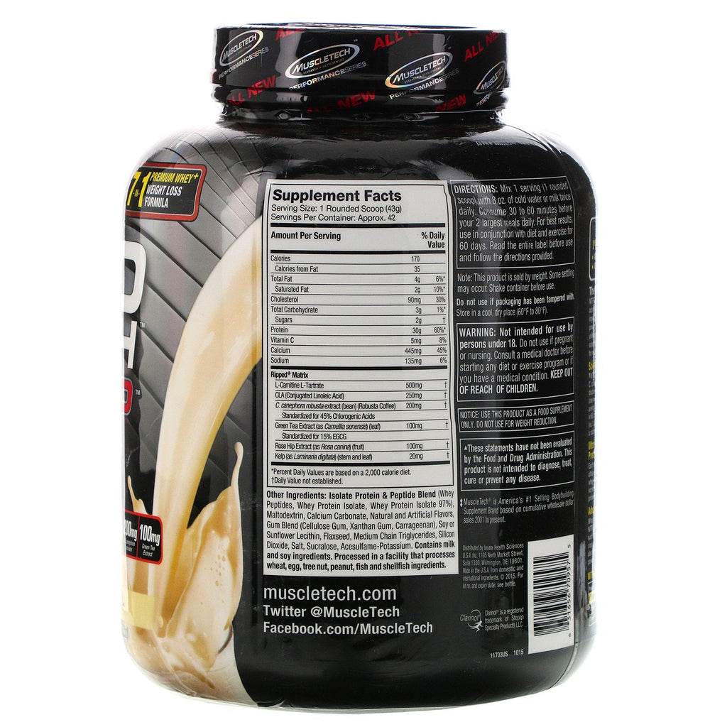 Muscletech, Nitro Tech Ripped, fórmula definitiva para pérdida de peso y proteína, remolino de vainilla francesa, 4 lbs (1,81 kg)