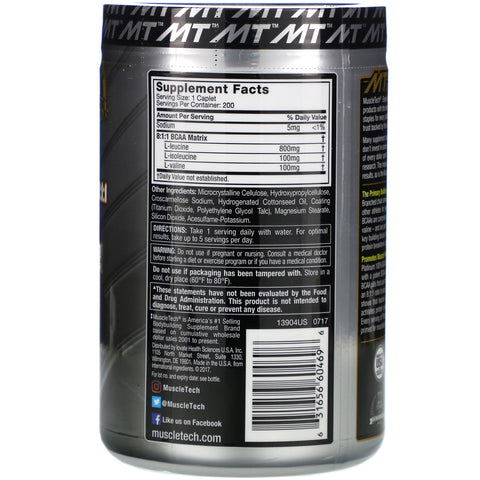 Muscletech, platin 100 % BCAA 8:1:1, 1.000 mg, 200 kapsler