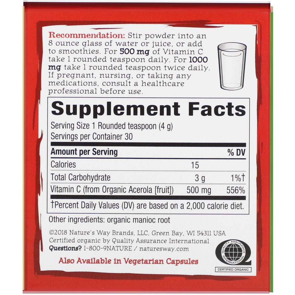 Nature's Way, Alive!, Frugtkilde, Vitamin C, Drink Mix Powder, Acerola Fruit, 4,23 oz (120 g)