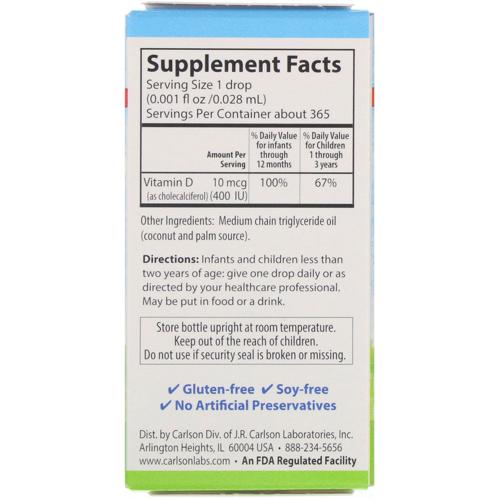 Carlson Labs, Baby's Super Daily D3, 10 mcg (400 UI), 0,35 fl oz (10,3 ml)