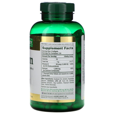 Nature's Bounty, Calcio más vitamina D3, 1200 mg, 220 cápsulas blandas de liberación rápida