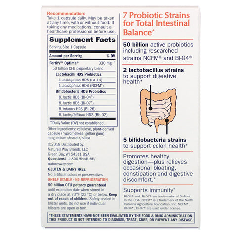 Nature's Way, Probiótico Fortify Optima, equilibrio digestivo y salud inmune, 50 mil millones, 30 cápsulas vegetarianas de liberación retardada