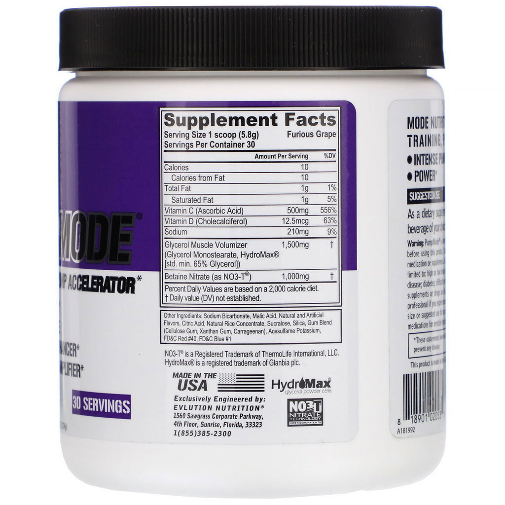 EVLution Nutrition, PumpMode, ikke-stimulerende pumpeaccelerator, Furious Grape, 6,14 oz (174 g)