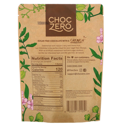 ChocZero, Dark Chocolate with Sea Salt, Almonds, Sugar Free,  6 Bars, 1 oz Each