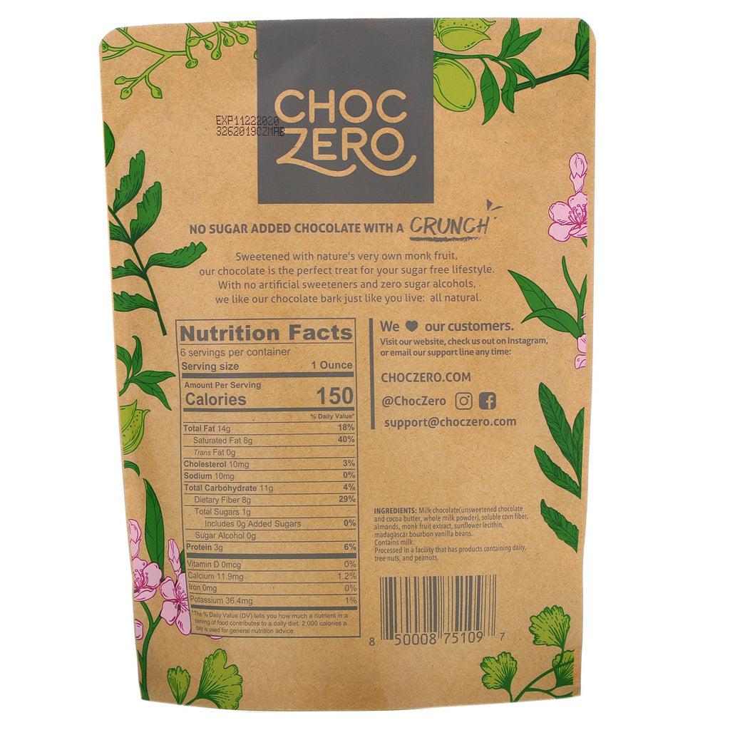 ChocZero, Milk Chocolate, Almonds, No Sugar Added, 6 Bars, 1 oz Each