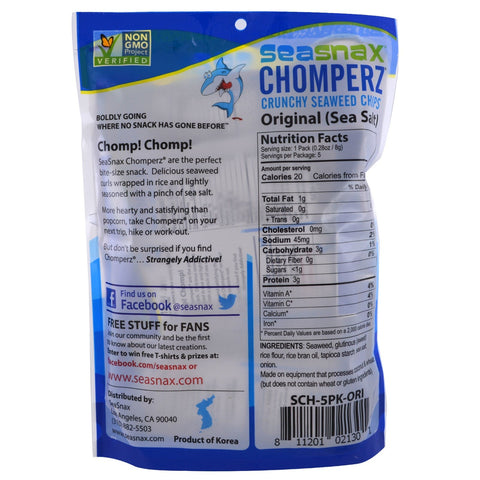 SeaSnax, Chomperz, Crunch Seaweed Chips, Original, 5 enkelt serveringspakker, 0,28 oz (8 g) hver