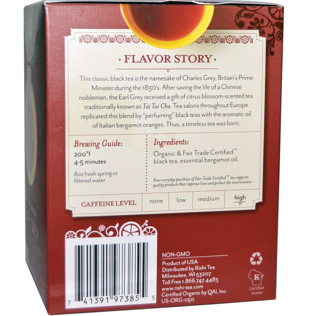 Rishi Tea,  Black Tea, Earl Grey, 15 Tea Bags 1.75 oz (49.5 g)