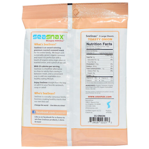 SeaSnax, premium ristet tangsnack, ristet løg, 0,54 oz (15 g)