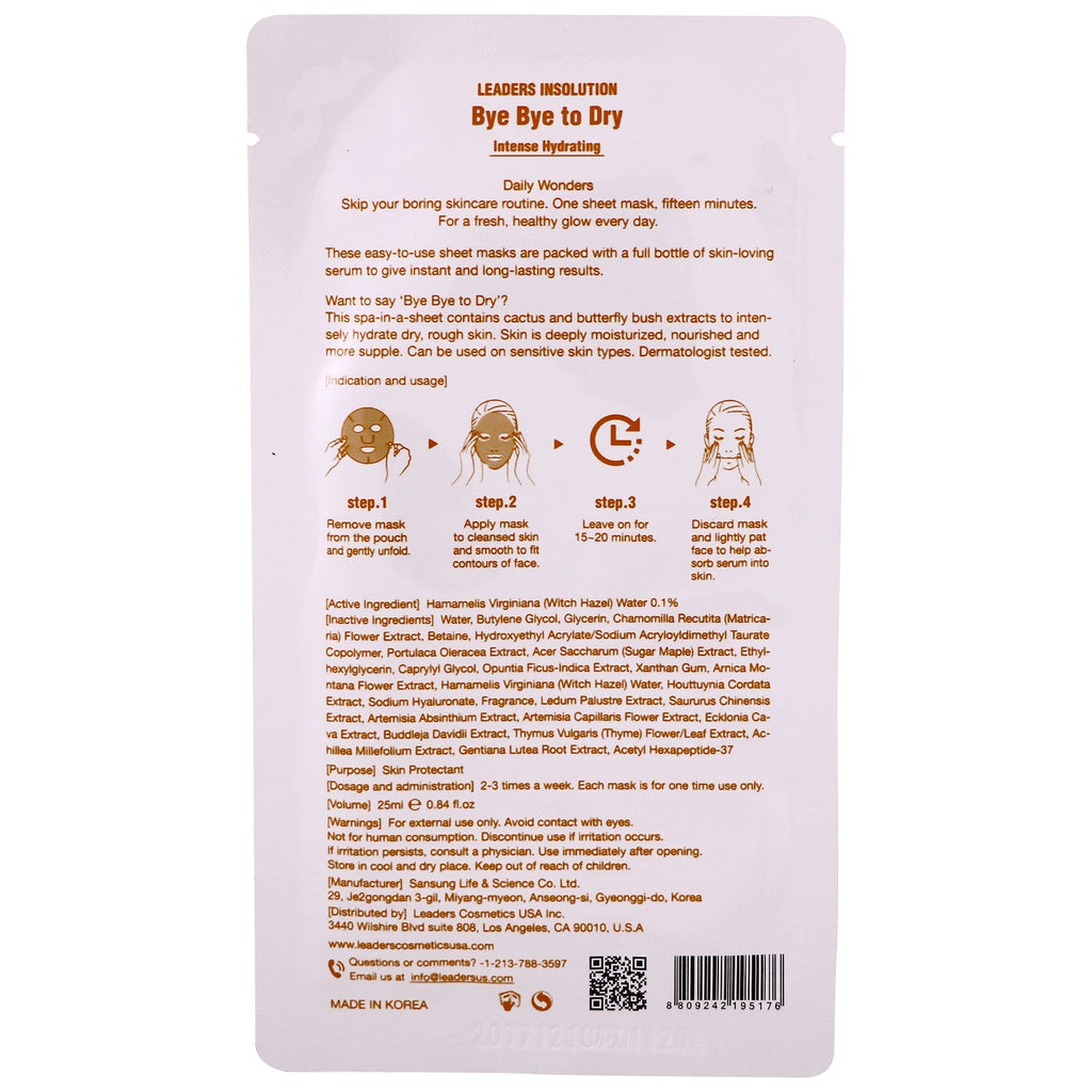 Ledere, Daily Wonders, Bye Bye to Dry, Intense Hydrating Mask, 1 Sheet, 0,84 fl oz (25 ml)