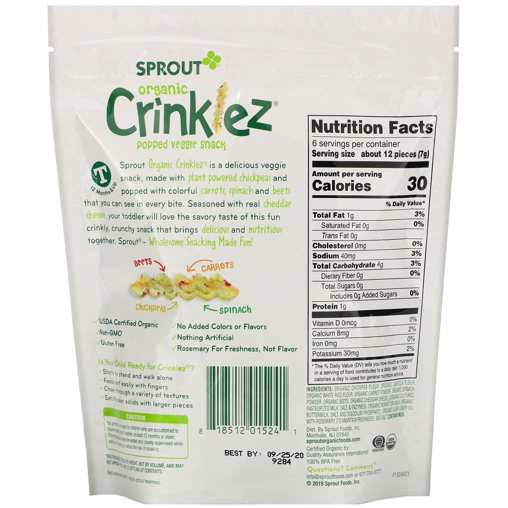 Sprout , Crinklez, Popped Veggie Snack, Cheesy Spinach, 1.48 oz (42 g)