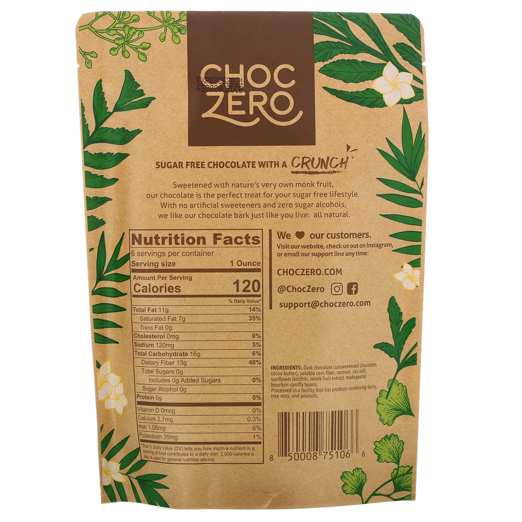 ChocZero, Dark Chocolate With Sea Salt, Coconut, Sugar Free, 6 Bars, 1 oz Each