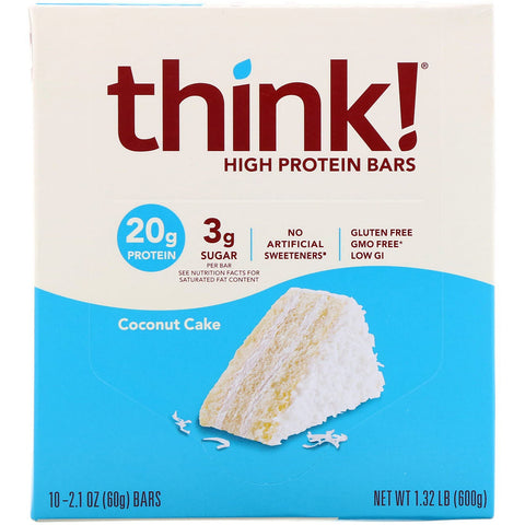 ThinkThin, højproteinbarer, kokosnøddekage, 10 barer, 2,1 oz (60 g) hver