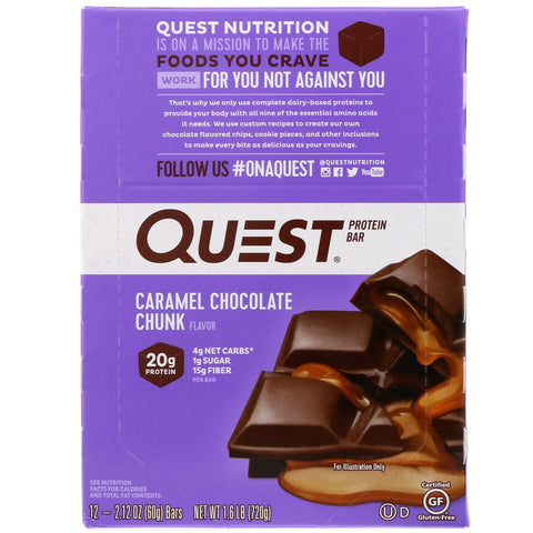 Quest Nutrition, proteinbar, karamelchokoladestykke, 12 barer, 2,12 oz (60 g) hver