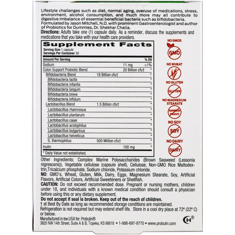 Probulin, Apoyo al colon, Probiótico, 30 cápsulas
