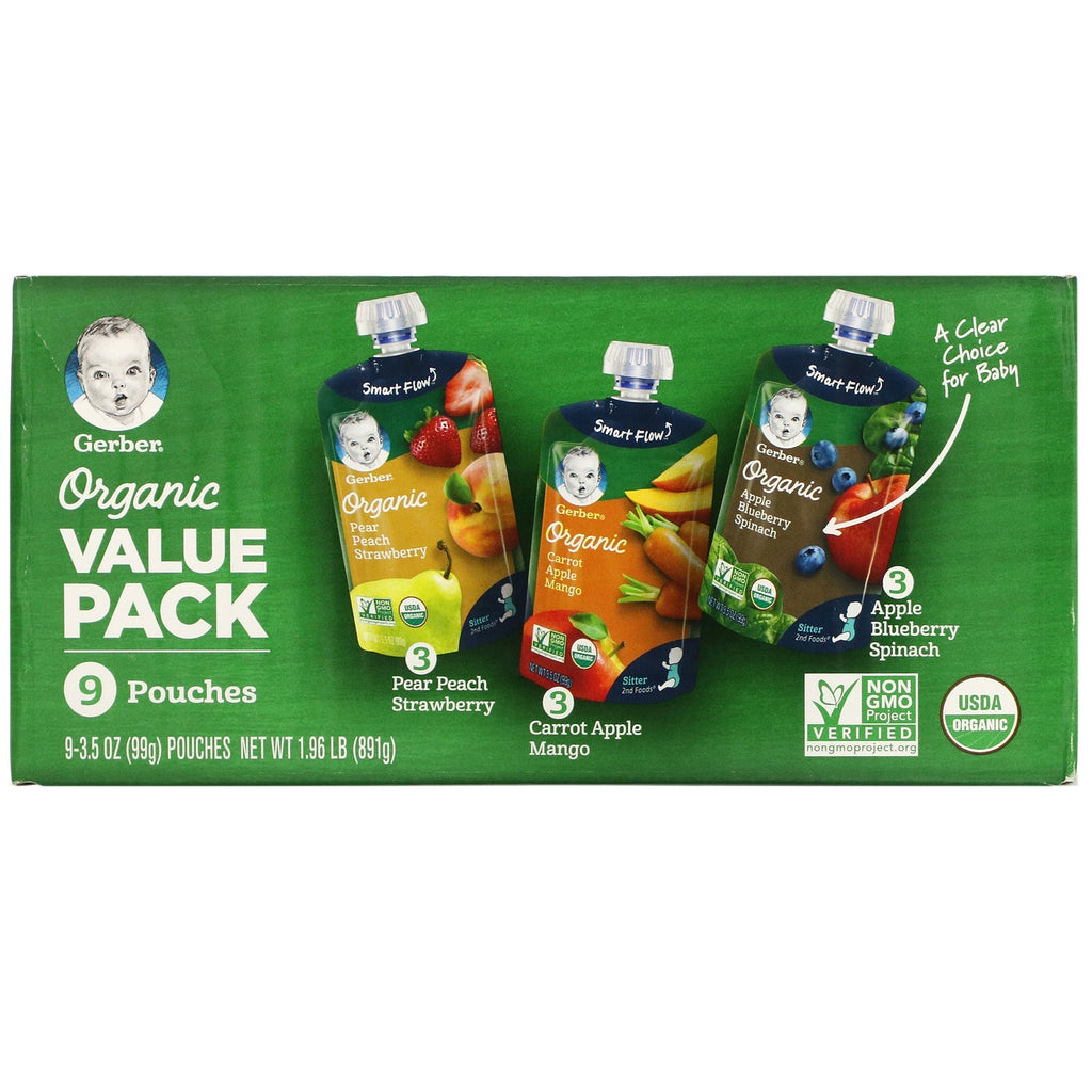 Gerber, Value Pack, Pear Peach Jordbær, Gulerod Æble Mango, Æble Blåbær Spinat, 9 poser, 3,5 oz (99 g) hver