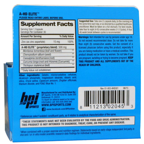 BPI Sports, A-HD Elite, 500 mg, 30 cápsulas