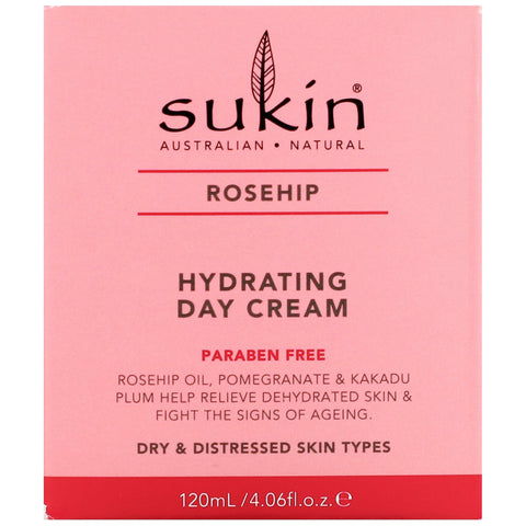 Sukin, Crema de día hidratante, rosa mosqueta, 4,06 fl oz (120 ml)