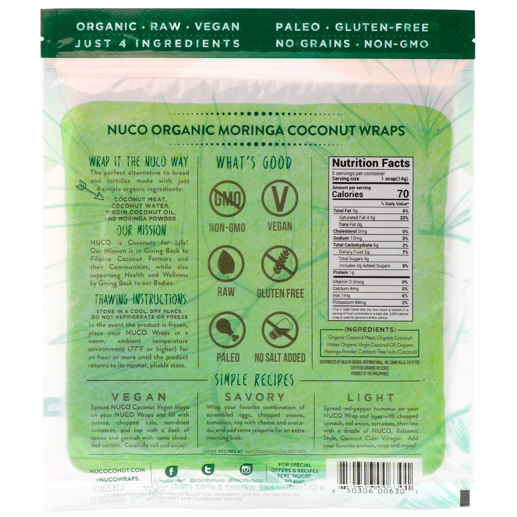 NUCO, Coconut Wraps, Moringa, 5 Wraps (14 g) hver