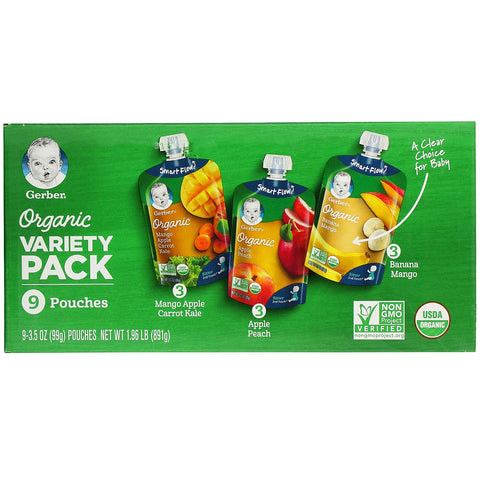 Gerber, Variety Pack, Mango Æble Gulerod Grønkål, Æble Fersken, Banan Mango, 9 poser, 3,5 oz (99 g) hver