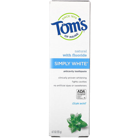 Tom's of Maine, Simply White Anticavity Toothpaste with Fluoride, Clean Mint, 4.7 oz (133 g)