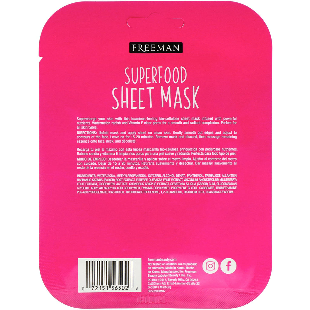 Freeman Beauty, Superfood Sheet Mask, Pore Clearing Watermelon Radise, 1 maske