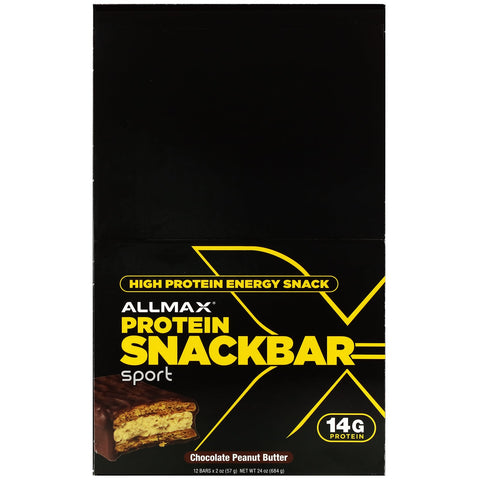 ALLMAX ernæring, højprotein energisnack, proteinbar, chokolade jordnøddesmør, 12 barer, 2 oz (57 g) hver