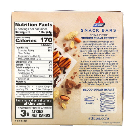 Atkins, Snack, Karamel Chokolade Peanut Nougat Bar, 5 barer, 1,55 oz (44 g) hver