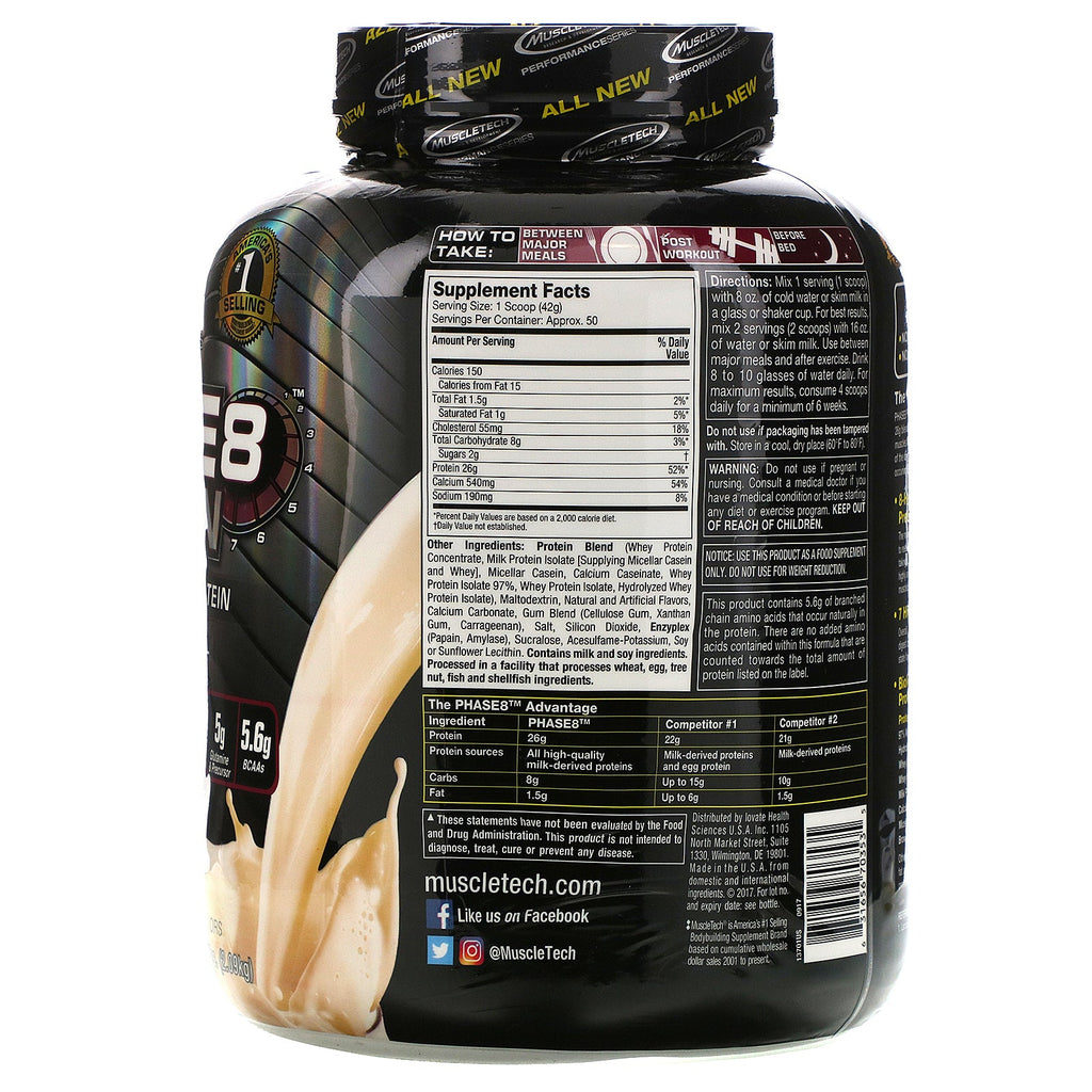 Muscletech, Performance Series, Phase8, Multi-Phase 8-Hour Protein, Vanilla, 4.60 lbs (2.09 kg)