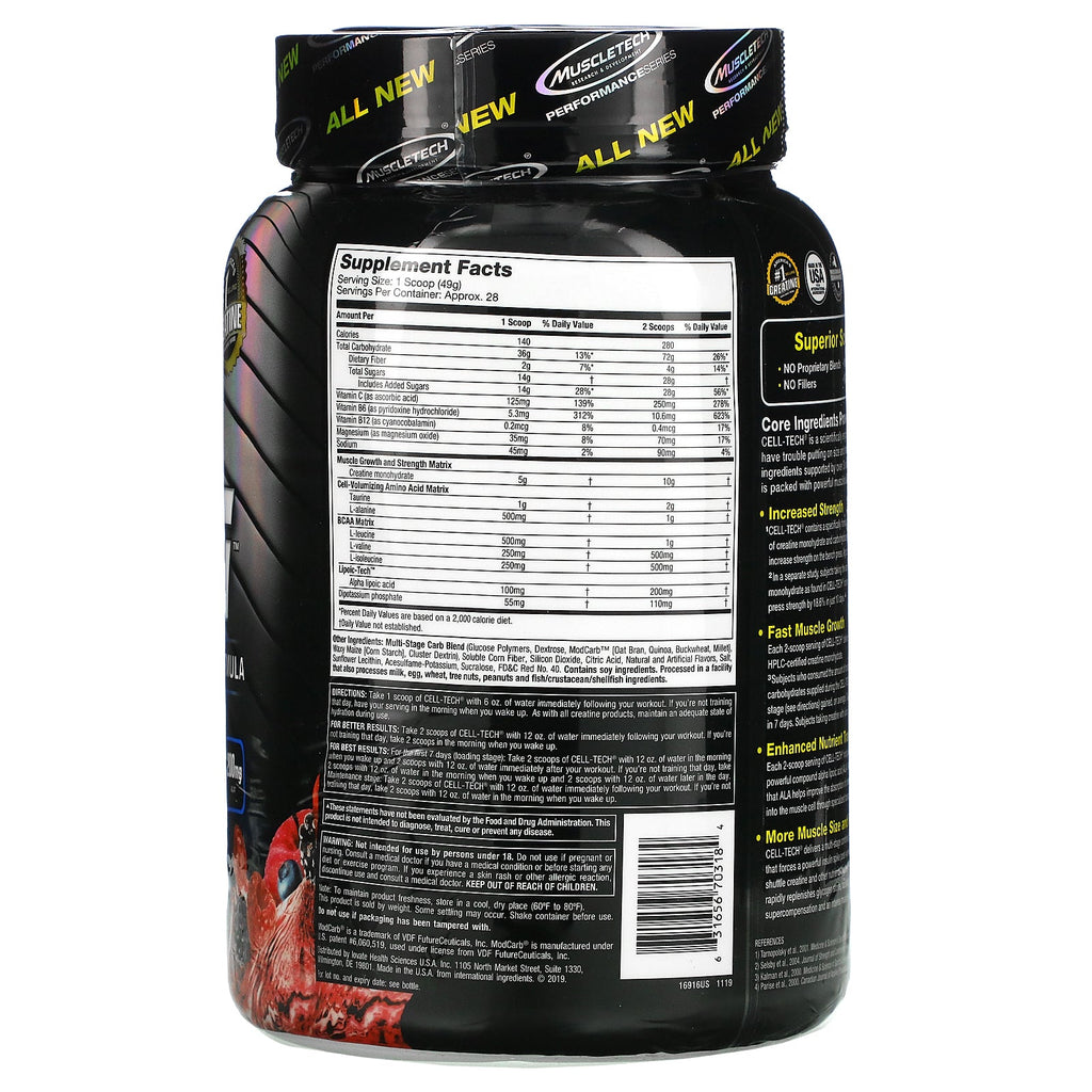 Muscletech, Performance Series, CELL-TECH, den mest kraftfulde kreatinformel, frugtpunch, 3,00 lbs (1,36 kg)