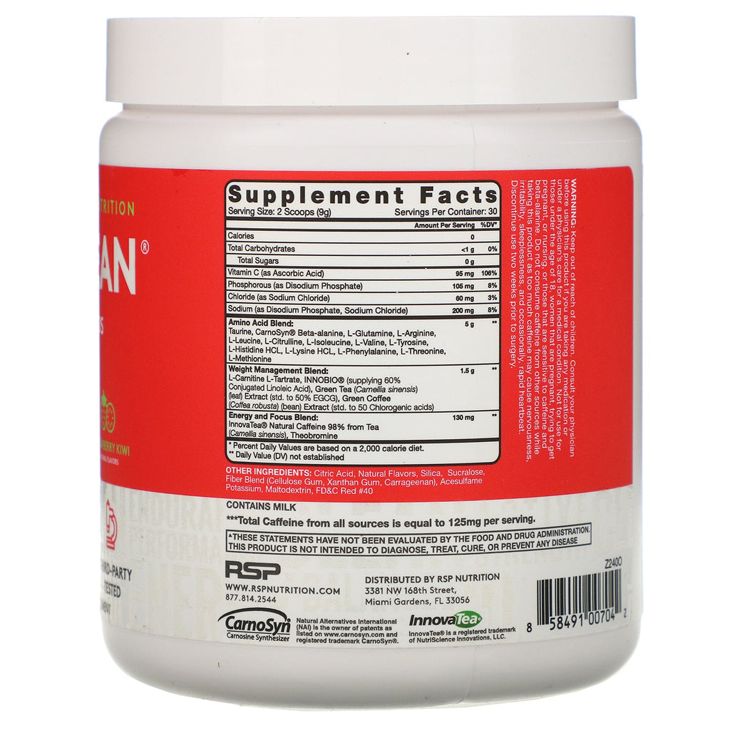 RSP Nutrition, AminoLean, Essential Amino Acids + Anytime Energy, Strawberry Kiwi, 9.52 oz (270 g)