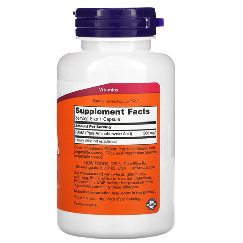 Now Foods, PABA, 500 mg, 100 cápsulas