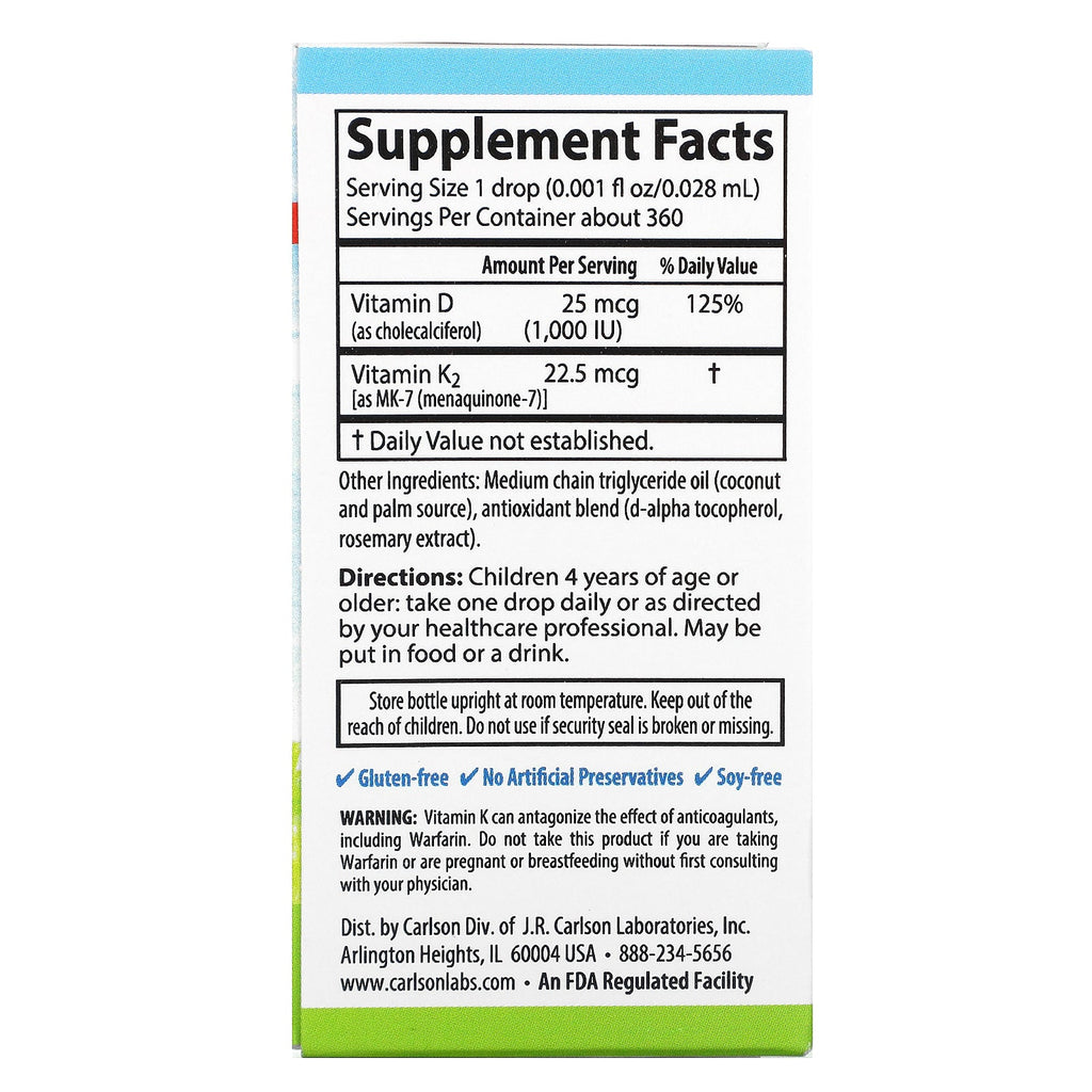 Carlson Labs, Kid's, Super Daily D3+K2, 25 mcg (1.000 IE) &amp; 22,5 mcg, 0,34 fl oz (10,16 ml)