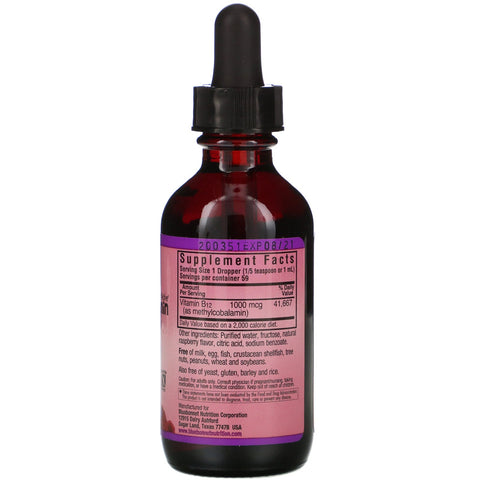 Bluebonnet Nutrition, Liquid CelluarActive Methylcobalamin Vitamin B12, Hindbærsmag, 1.000 mcg, 2 fl oz (59 ml)