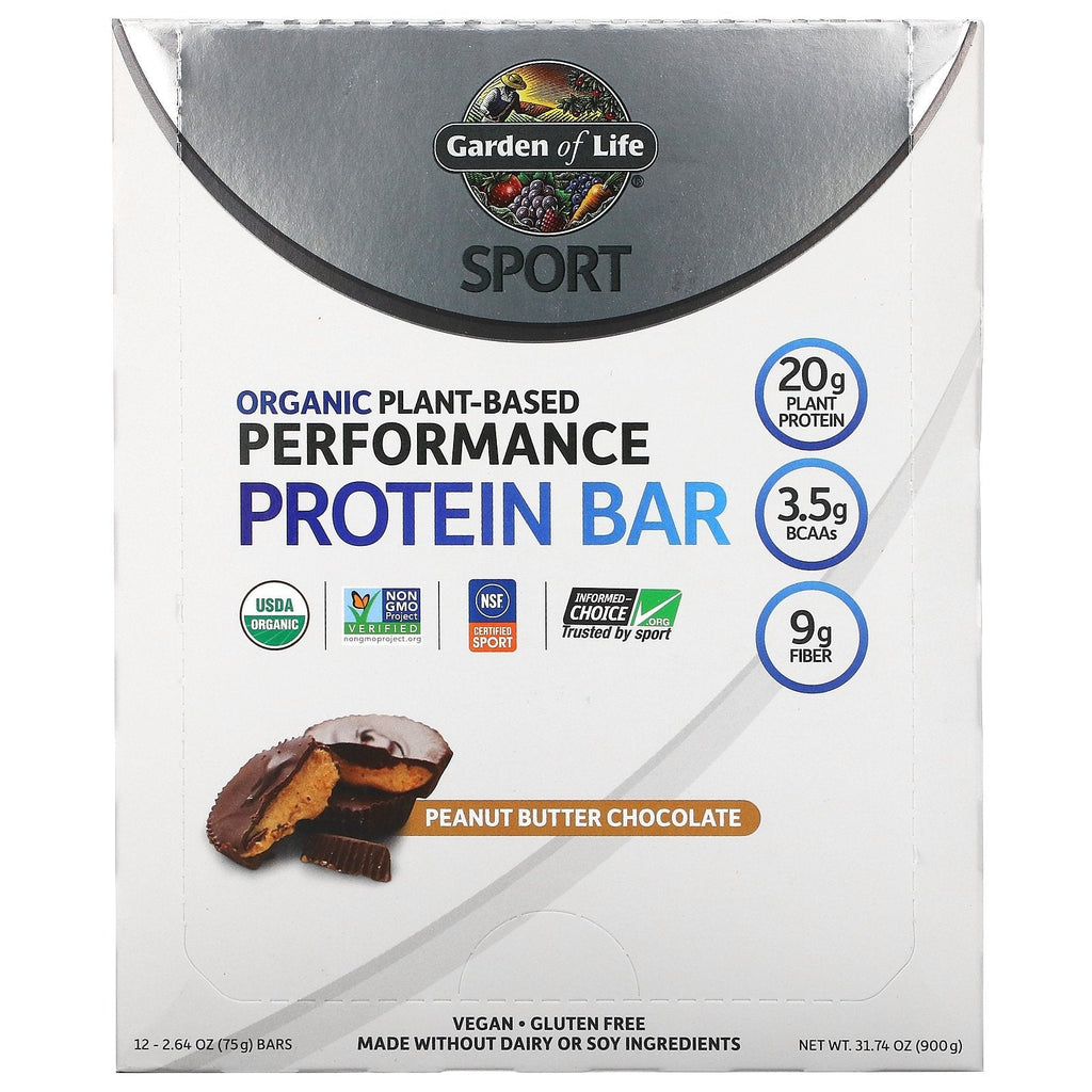 Garden of Life, Sport, plantebaseret præstationsproteinbar, jordnøddesmørchokolade, 12 barer, 2,64 oz (75 g) hver