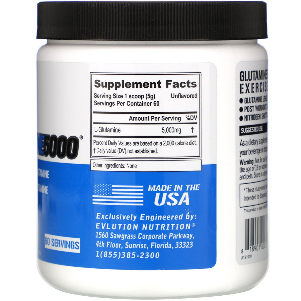 EVLution Nutrition, Glutamine5000, Unflavored, 5,000 mg, 10.58 oz (300 g)