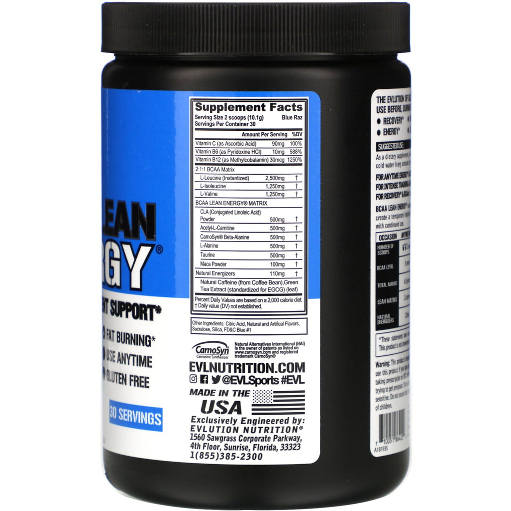 EVLution Nutrition, BCAA LEAN ENERGY, Blue Raz, 10,60 oz (303 g)