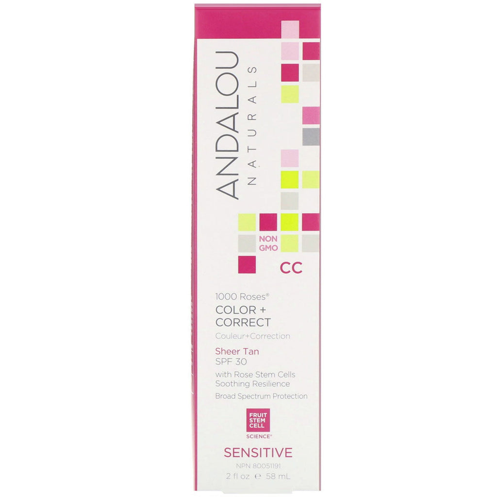 Andalou Naturals, CC 1000 Roses, Color + Correct, Sensitive, SPF 30, Sheer Tan, 2 fl oz (58 ml)