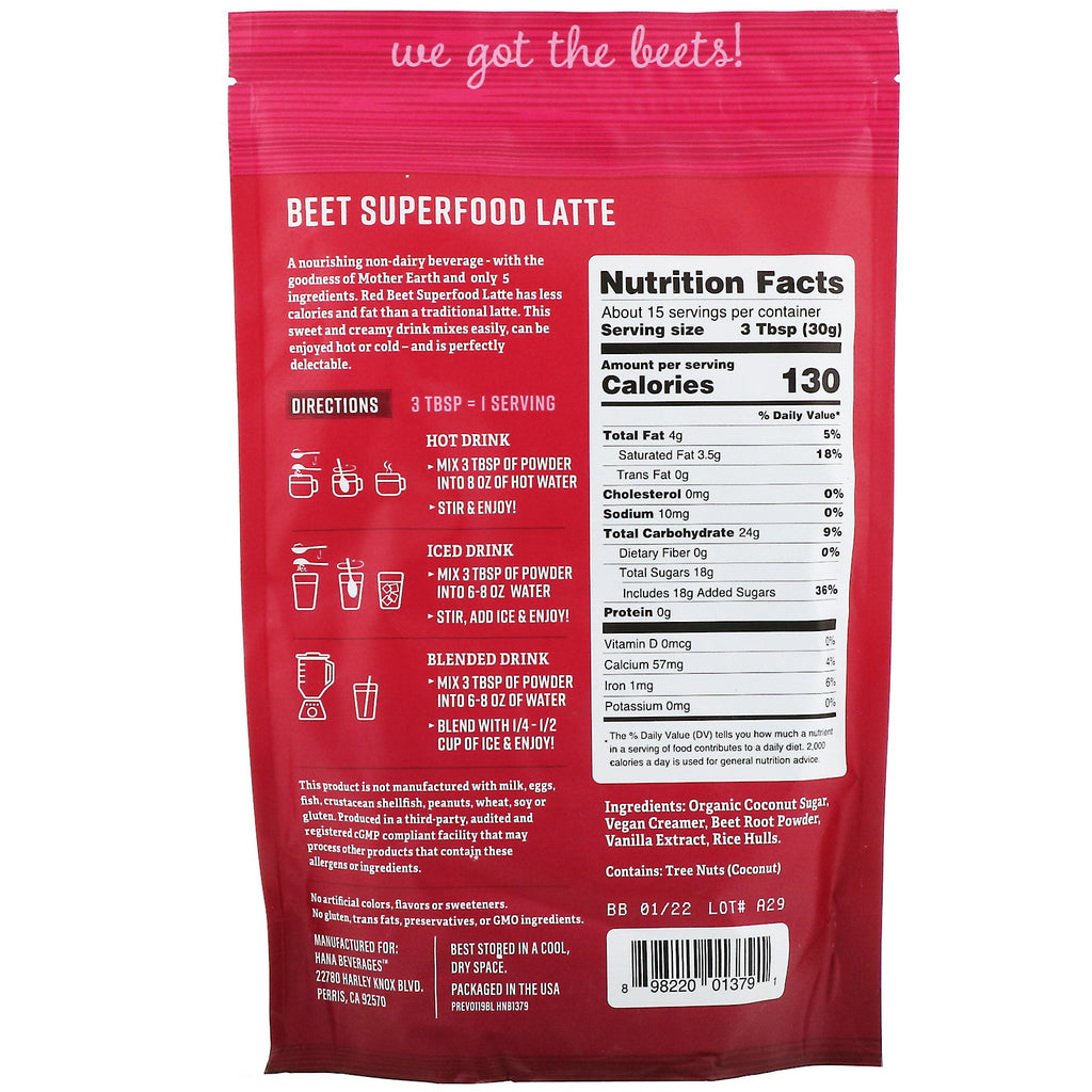 Hana Beverages, Beet Latte, Non-Coffee Superfood Beverage, 16 oz (454 g)